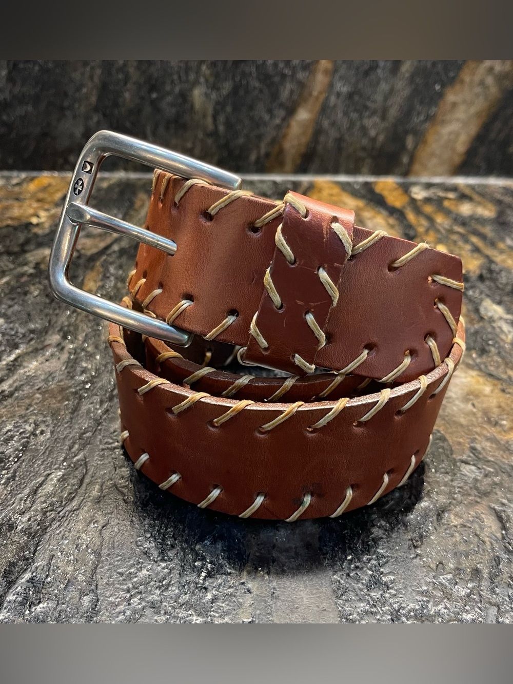VTG Women's Brown Leather Whipstitch Belt Eurometal Buckle - Classic Casual